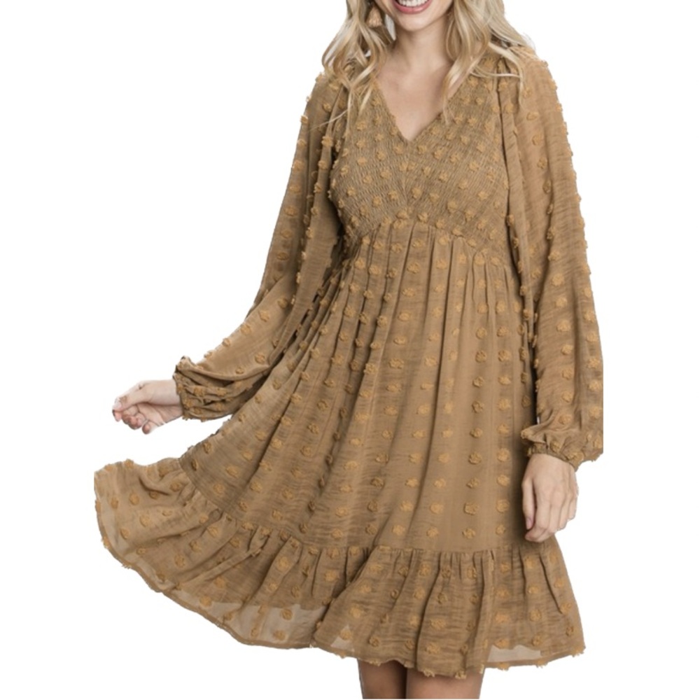 New- Swiss Dot Smocked Bodice Babydoll Dress by Jodifl Clothing
